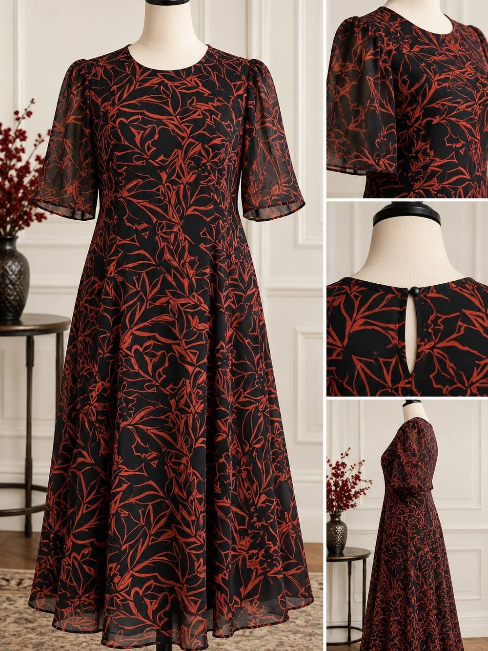 Women's Black Maxi Dress with Rust Botanical Print